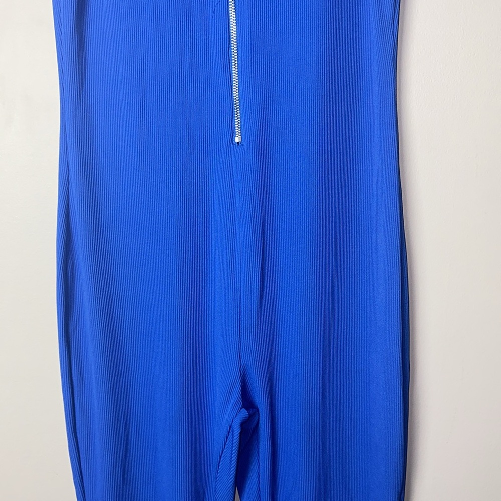 Pretty‎ Garden Blue Ribbed Sleeveless Mock Neck Jumpsuit Women's Large - Picture 4 of 7